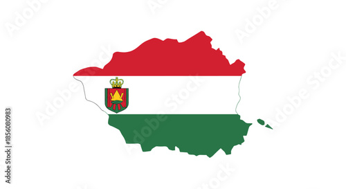 Detailed map silhouette of Hungary filled with the colors of the national tri-color flag and official coat of arms against a white background.