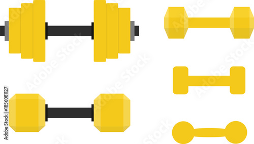 Sports dumbbells, a set of realistic yellow sports dumbbells. Sports dumbbell icon. Vector, cartoon illustration, poster, postcard.