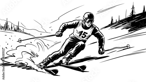 Skier skiing down a snowy mountain slope in winter sport illustration