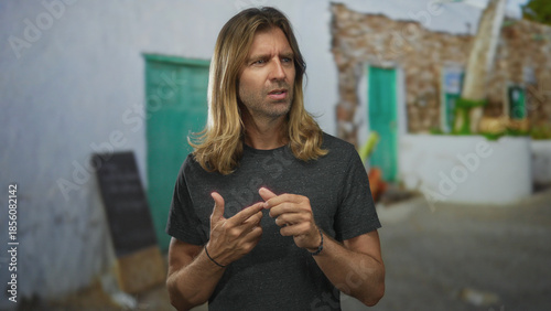 Foto Man with long blond hair touches fingertips while standing in front of a building entrance door; uncertainty