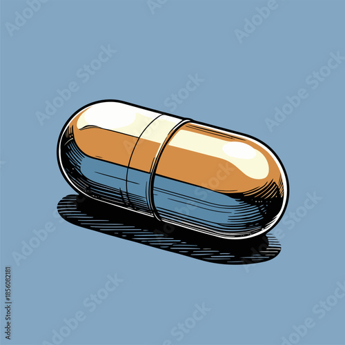 Illustration of a pill medicine, drawn in a bold American comic