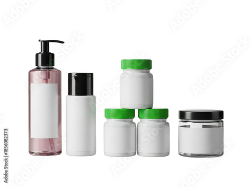 Diverse blank cosmetic and health product packaging mockup set isolated