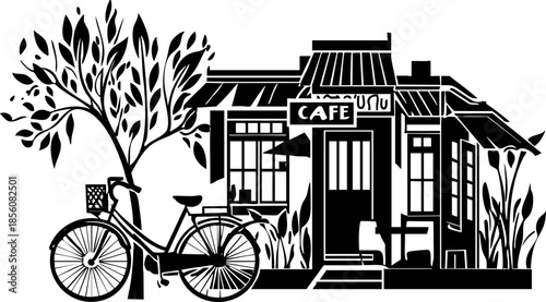 Quaint Cafe with Bicycle Illustration