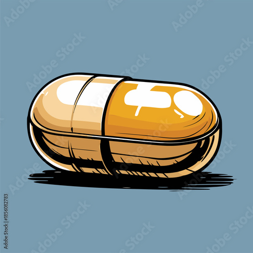 Illustration of a pill medicine, drawn in a bold American comic