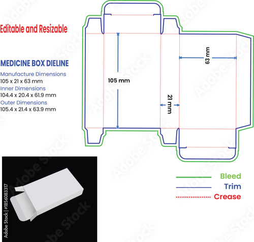 Medicine box dieline with dimensions and example packaging on black template die cut