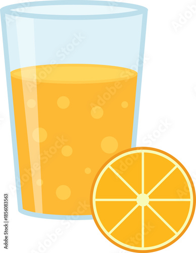 Glass of freshly squeezed juice, glass of orange juice, glass of juice icon. Vector, cartoon illustration, poster, postcard. Vector