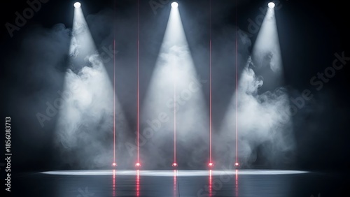 Bright blue stage lights and spotlights shining through dark smoke on a theater stage at night