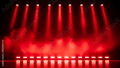 Bright red stage lights glowing in an abstract night background for a lively show or party scene