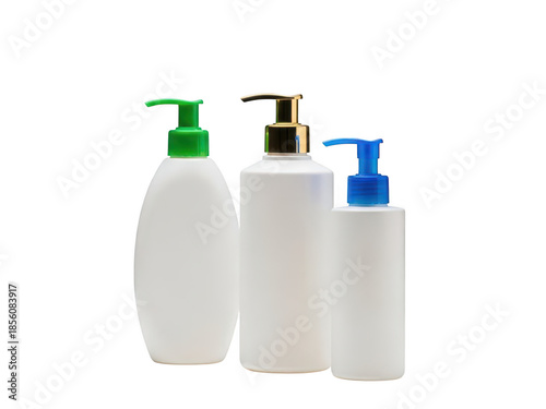 Three white plastic cosmetic bottles with green gold blue pumps for product