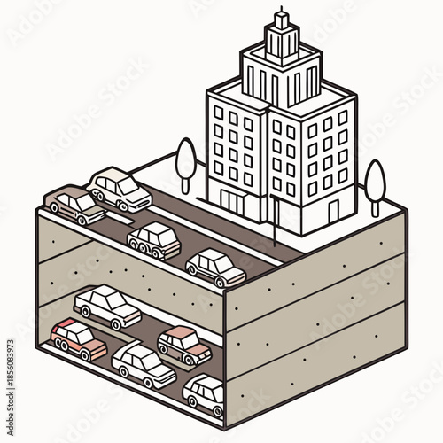 Title: An isometric of an underground parking lot with multiple levels and parked cars beneath a