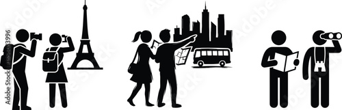 Tourists Exploring Iconic Landmarks, Cityscapes, and Nature Scenes Representing Cultural, Urban, and Adventure Travel Activities