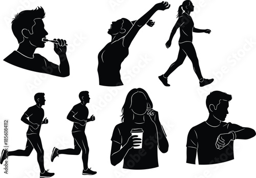 Black Silhouettes of People Practicing Daily Routines Including Hygiene, Fitness, Walking, Drinking, and Time Awareness