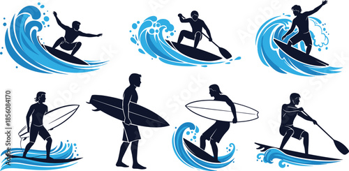 Dynamic Water Sports Silhouettes Featuring Surfing and Paddleboarding Actions with Vibrant Waves and Athletic Poses in MotionDynamic Water Sports Silhouettes Featuring Surfing and Paddleboarding 