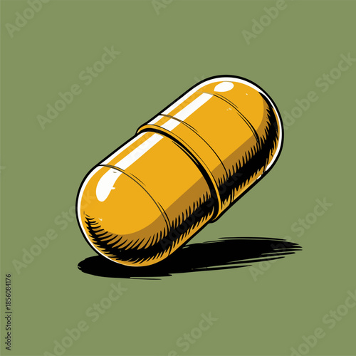 Illustration of a pill medicine, drawn in a bold American comic
