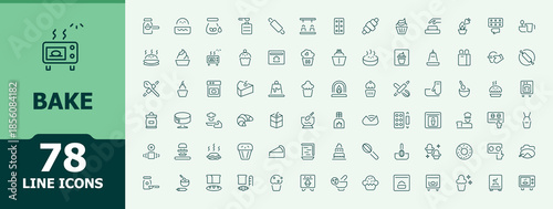 Set of Bake line icon. Contains such symbols as bakery, sweet, bakery, cake, food and more. Thin web icons. Bake modern icon set. Editable stroke.