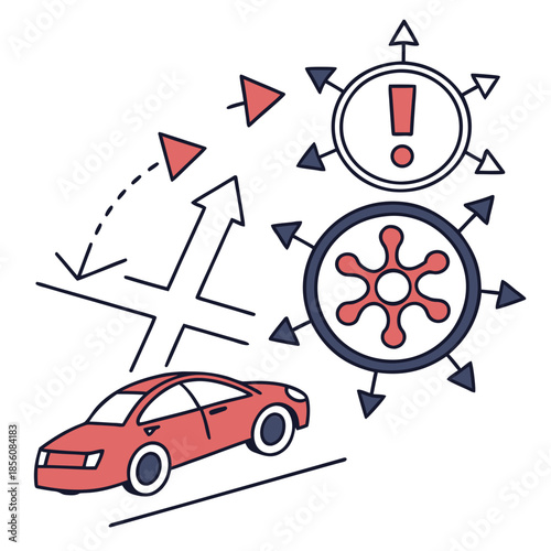Title: Red car with directional arrows and warning symbols indicating potential hazards or alerts
