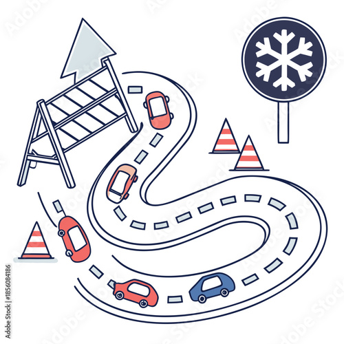 Title: Road construction scene with cars, traffic cones, and a snow warning sign
