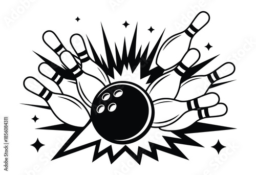 Bowling Ball Striking Pins with Explosive Impact, Dramatic Motion Scene Showing Energy Burst and Pin Collision, Ideal for Sports Action, Gaming