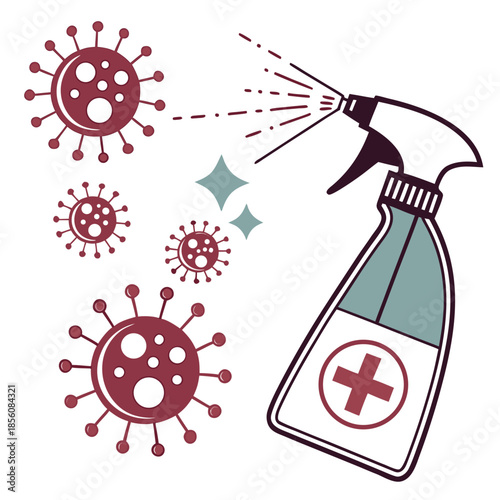 Title: Spray bottle with disinfectant liquid eliminating virus particles with a medical cross symbol