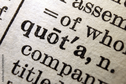 Word quota printed on dictionary page, macro close up