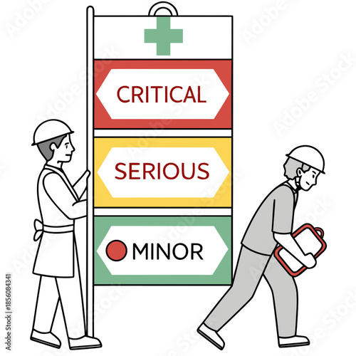 Title: Two workers examining a color-coded safety sign with critical serious and minor labels and