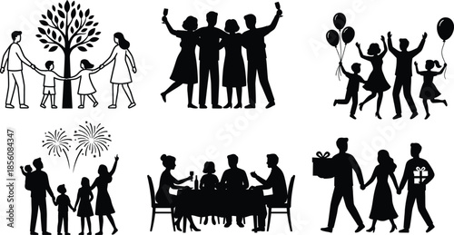 Silhouette illustrations of family and social gatherings with celebration, fireworks, balloons, dining, and joyful interactions