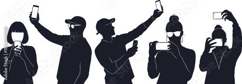Silhouette illustrations of people taking selfies with smartphones representing modern digital behavior and social media trends