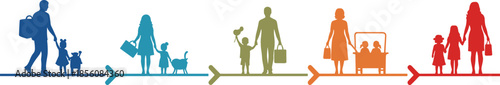 Silhouette timeline of diverse family stages and parenting roles with children, pets, and everyday urban lifestyle elements