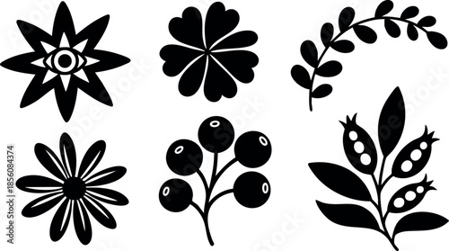 Stylized black botanical flower and berry vector icons set simple nature design elements 