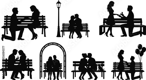 Silhouette illustrations of romantic couples proposing and sharing love moments on park benches with emotional connection themes