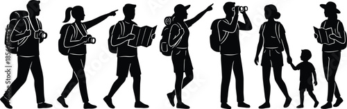 Silhouettes of Family and Group Explorers Engaged in Hiking, Navigation, and Nature Observation Activities in Outdoor Adventure Scene