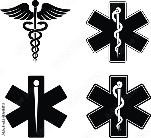 Monochrome Vector Illustration of Medical Symbols Depicted in Minimalist Line Art Featuring Caduceus, Star of Life Variations, and Rod of Asclepius to Represent Healthcare Identity, Emergency Services