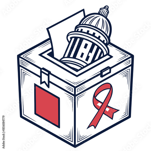 Title: A voting box with a red awareness ribbon and a government building dome on a white background