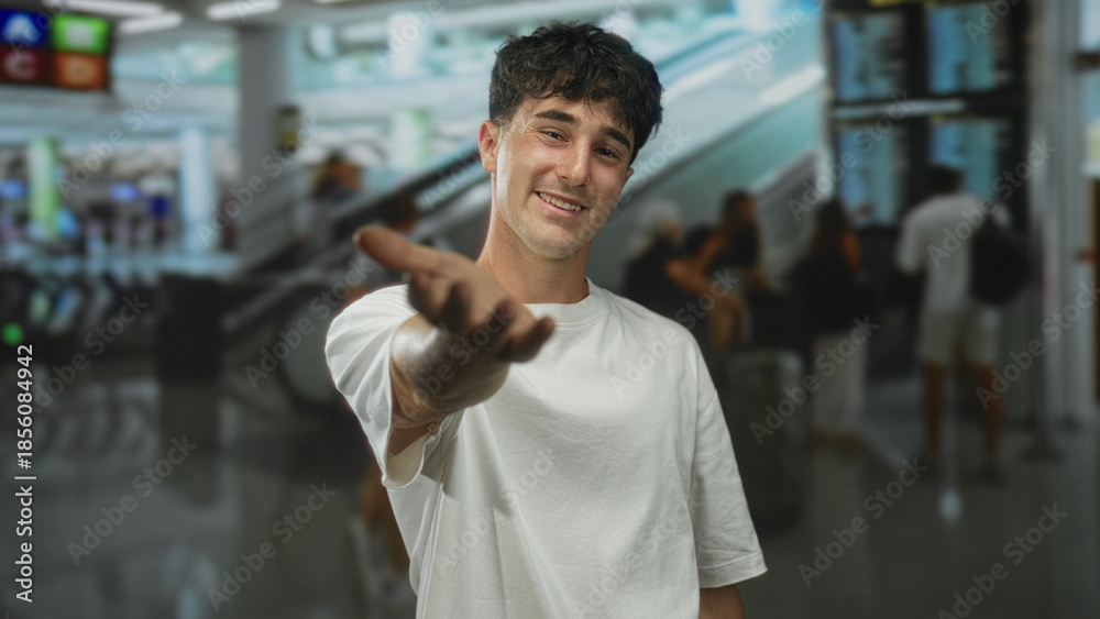 Fototapeta premium Young hispanic man extends hand offering handshake at busy airport terminal near escalator; friendly greeting.