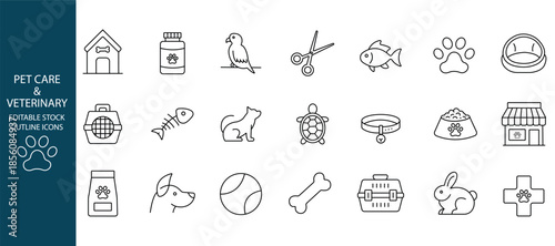 Pet care and veterinary editable stroke outline icon set.