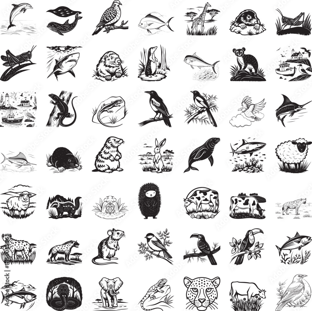 Fototapeta premium 49 Set Black and white of diverse animals and nature scenes dolphin jumping ocean wave whale swimming fish school