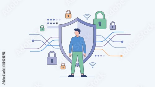 Cybersecurity concept. Man with large shield. Digital data privacy. Secure network. Firewall defense. User safety. Internet security. Tech illustration. Information safety. Lock.