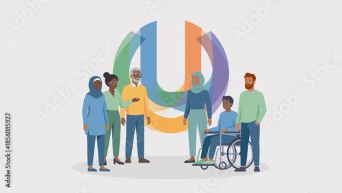 Diversity and inclusion in workplace. Diverse group of professionals standing together. Multiethnic team, wheelchair user, muslim women. Equality business vector. Unity abstract symbol.