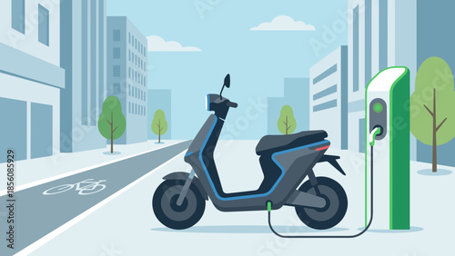 Modern electric scooter charging at station. Urban mobility concept. Eco friendly transportation. City street. Green energy EV plugged in. Sustainable travel. Flat vector graphic