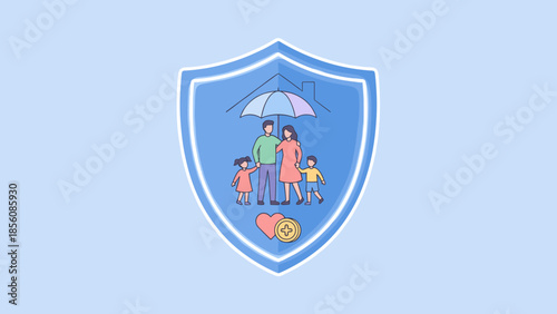 Family life insurance and protection concept. Blue shield with parents and kids under umbrella. Safety security healthcare coverage symbol. Financial stability and home defense vector.