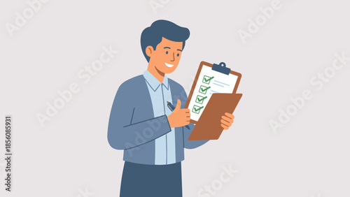 Happy businessman holding clipboard with completed checklist. Successful task management concept. Productivity and goal achievement vector. Man checking boxes. Done list. Work success.