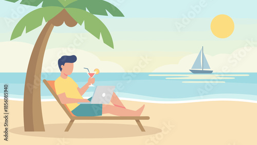 Digital nomad freelancer working on beach. Remote work vacation concept. Man on sunbed with laptop and cocktail under palm tree. Summer travel business. Flat vector illustration