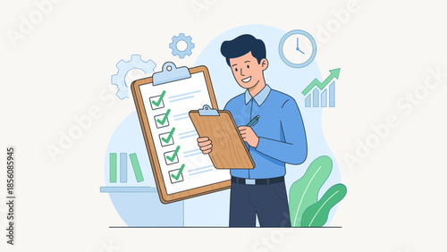 Productivity concept. Happy businessman with clipboard checklist. Task list green check marks. Successful work done. Time management, planning, goal achievement. Efficiency vector.