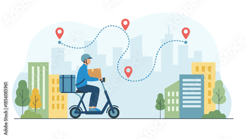 Delivery service courier riding electric scooter. Logistics concept. Man with package box. Route navigation with red location pins. Fast shipping transport. Online order tracking.