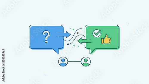 Communication concept speech bubbles. Question answer dialogue. Feedback approval. Thumbs up check mark. Business chat. Customer support. Social media message. Problem solution.