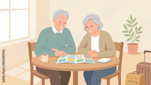Senior couple planning trip with brochure. Retirement travel. Elderly husband and wife with suitcase. Vacation preparation. Tourism lifestyle. Flat vector illustration. Holiday map.