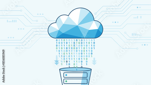 Cloud computing raining binary code. Digital data download. Cyber network technology. Server storage. Vector illustration. Internet connection. Information rain. Web database icon