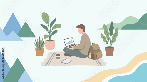 Digital nomad working on laptop outdoors. Freelancer remote work concept. Man sitting on rug with computer in nature. Travel and business lifestyle. Workspace on beach vacation.