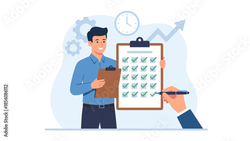 Productivity concept. Happy businessman with completed checklist. Hand checking boxes. Time management gears. Efficient workflow planning. Business progress vector. Task done. Goals met.