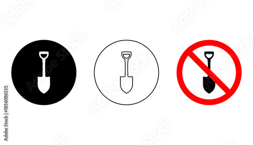 Gardening shovel icons including silhouette, outline, and forbidden symbol
